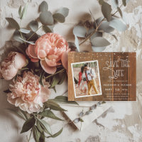 Rustikales Save the Date Holz Leuchten Foto Einlad
