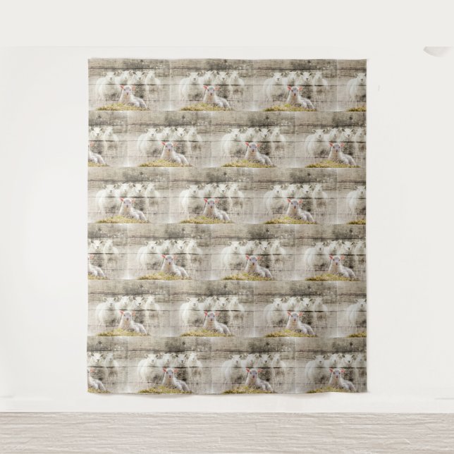 Rustikales Schaf Baby Lamm Jute Wandteppich (Vorderseite)