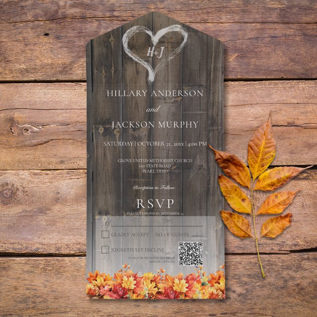 Rustikales Scheunenholz & Herbstlaub QR-Code All In One Einladung (Rustic Barnwood & Fall Leaves QR Code All In One Invitation)