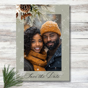 Rustikales Schneefall Pine Floral Sage Foto Hochze Save The Date
