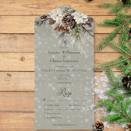 Rustikales Schneefall Pine & White Floral Sage Din All In One Einladung