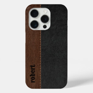 Rustikales Schwarz-Braun-Leder-Mononogramm Case-Mate iPhone Hülle
