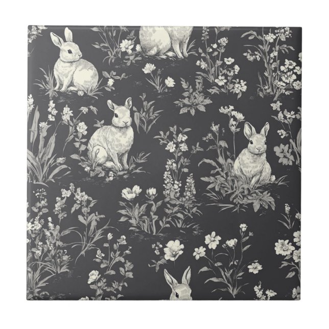 Rustikales Schwarz-Kaninchen-Botanik-Toile-Muster Fliese (Vorderseite)