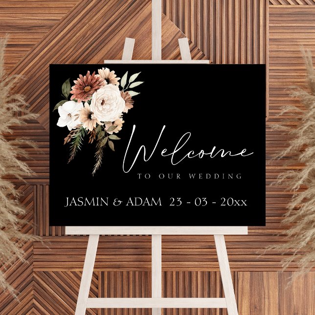 Rustikales Schwarz-Pfirsichblütenzeichen Poster (Rustic Black and Peach Floral Wedding Sign)