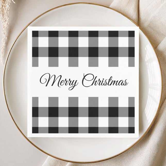 Rustikales Schwarz und Weiß Plaid frohe Weihnachte Serviette (Rustic Black And White Plaid Merry Christmas Napkins
)
