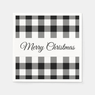 Rustikales Schwarz und Weiß Plaid frohe Weihnachte Serviette