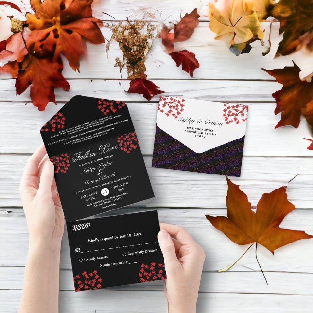 Rustikales Schwarz-Weiß-Blätter Hochzeit im Herbst All In One Einladung (Von Creator hochgeladen)