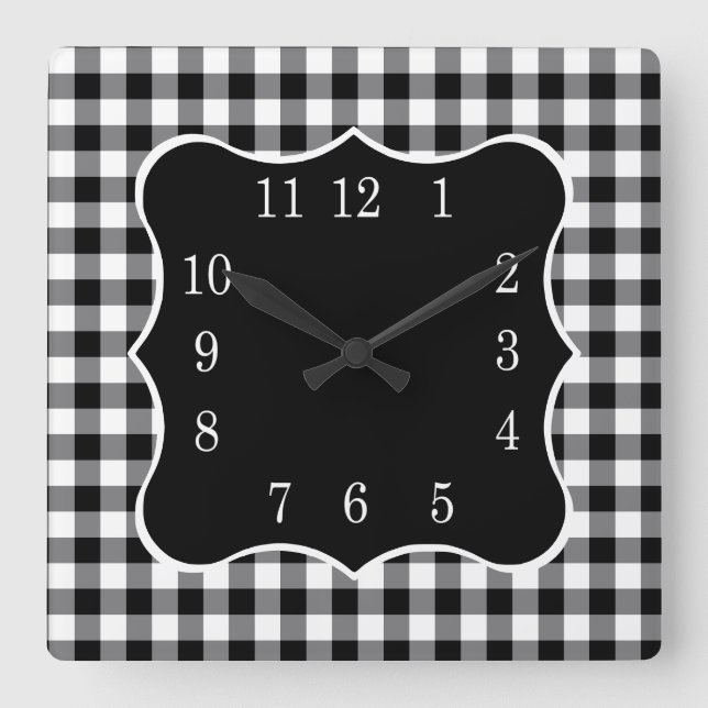 Rustikales Schwarz-Weiß-Gingham-Land   Quadratische Wanduhr (Vorderseite)
