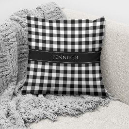 Rustikales Schwarz-Weiß-Gingham-Muster Name Kissen