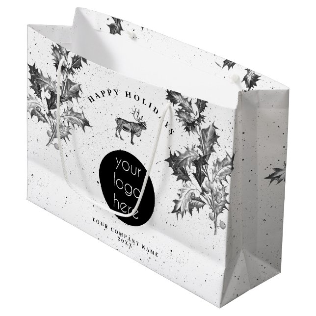 Rustikales Schwarz-weiß Holiday Business Logo Weih Große Geschenktüte (Vorderseite Schrägansicht)