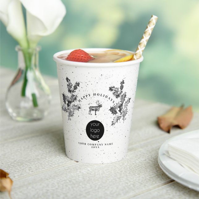 Rustikales Schwarz-weiß Holiday Business Logo Weih Pappbecher (In Situ)
