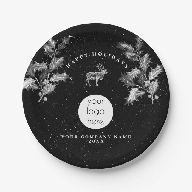 Rustikales Schwarz-weiß Holiday Business Logo Weih Pappteller (Vorderseite)