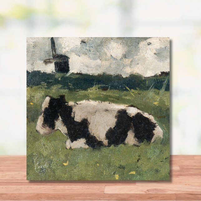 Rustikales Schwarz + Weiße Kuh und Windmühle Vinta Fliese (An elegant cow and windmill tile is a great touch for a modern farmhouse or country cottage.)