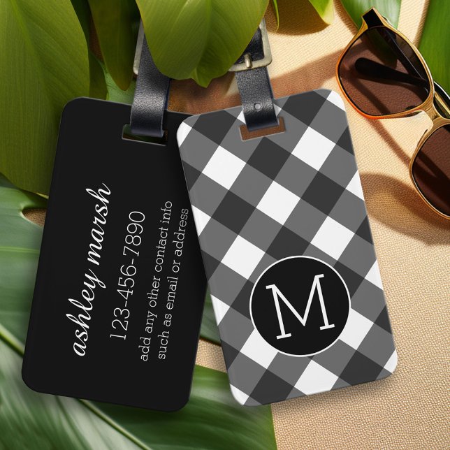 Rustikales Schwarz-weißes Buffalo Kariertes Muster Gepäckanhänger (Custom Monogram Luggage Tag)