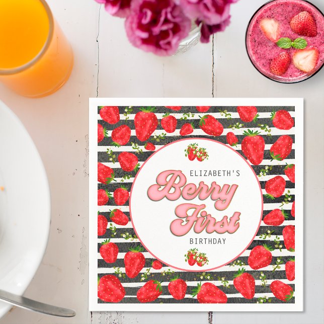 Rustikales Schwarz-weißes Gold Rote Erdbeere Berry Serviette (Von Creator hochgeladen)