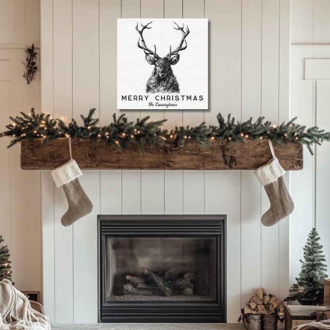 Rustikales Schwarz-weißes Hirschfeindchen Leinwanddruck (Rustic Black White Deer Christmas Monogram Canvas Print)
