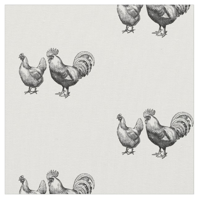 Rustikales Schwarz-weißes Rooster und Hen-Muster Stoff (Nahaufnahme)