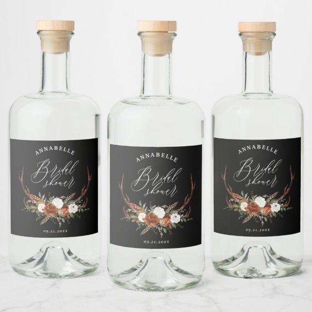 rustikales schwarzes botanisches Brautparty Alkoholflaschenetikett (Flaschen)