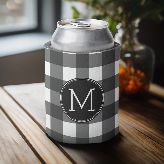 Rustikales Schwarzes Buffalo-Karo-Muster Monogramm Dosenkühler (Personalized can cooler with an area to add photos and custom text)
