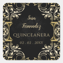 Rustikales Schwarzes Gold Elegante Quinceanera Quadratischer Aufkleber
