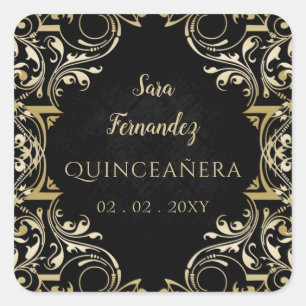 Rustikales Schwarzes Gold Elegante Quinceanera Quadratischer Aufkleber