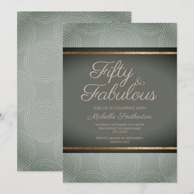 Rustikales schwarzes Grün Gold Abstrakt 50. Geburt Einladung (Vorne/Hinten)