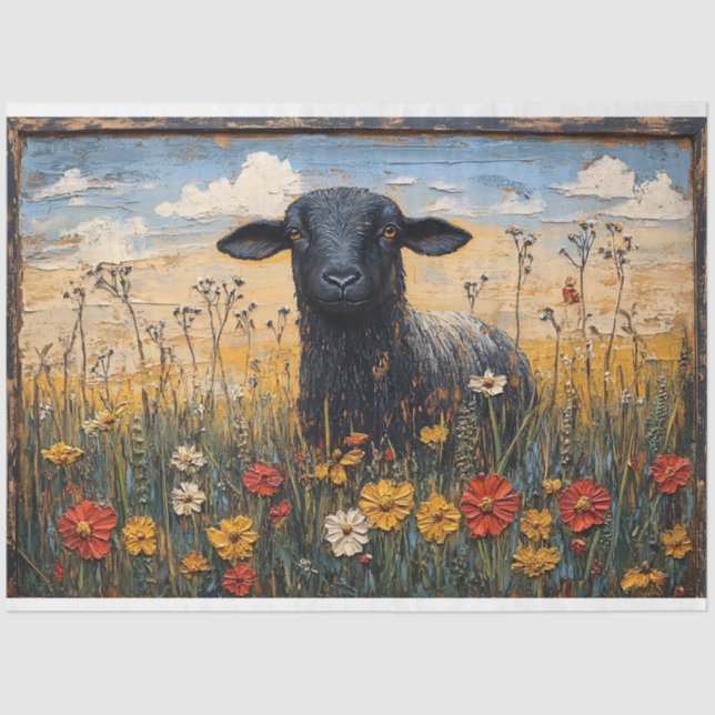 Rustikales Schwarzes Lamm mit Wildblumen Art Decou Seidenpapier (Vorderseite)