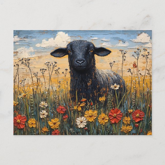Rustikales Schwarzes Lamm mit Wildblumen Art Postkarte (Vorderseite)
