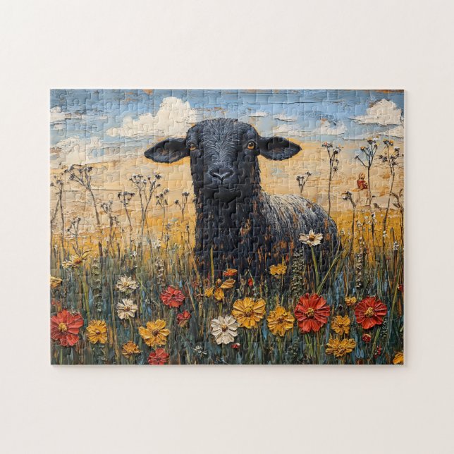 Rustikales Schwarzes Lamm mit Wildblumen Art Puzzle (Horizontal)