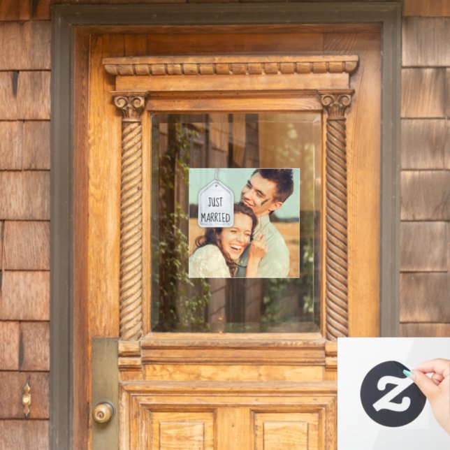 Rustikales Scrapbook Just Married Foto Wedding Squ Fensteraufkleber (Haustür)