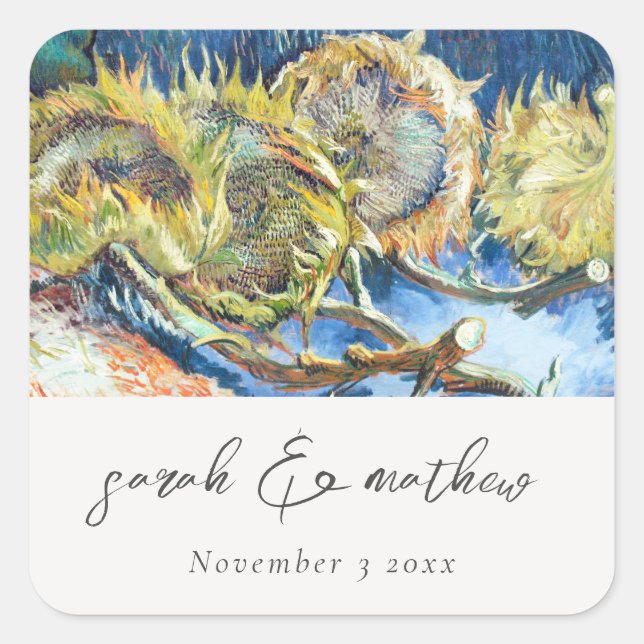 Rustikales Script Blue Yellow Sunflower Wedding Quadratischer Aufkleber (Vorderseite)