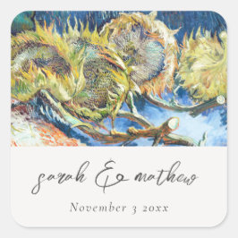 Rustikales Script Blue Yellow Sunflower Wedding Quadratischer Aufkleber