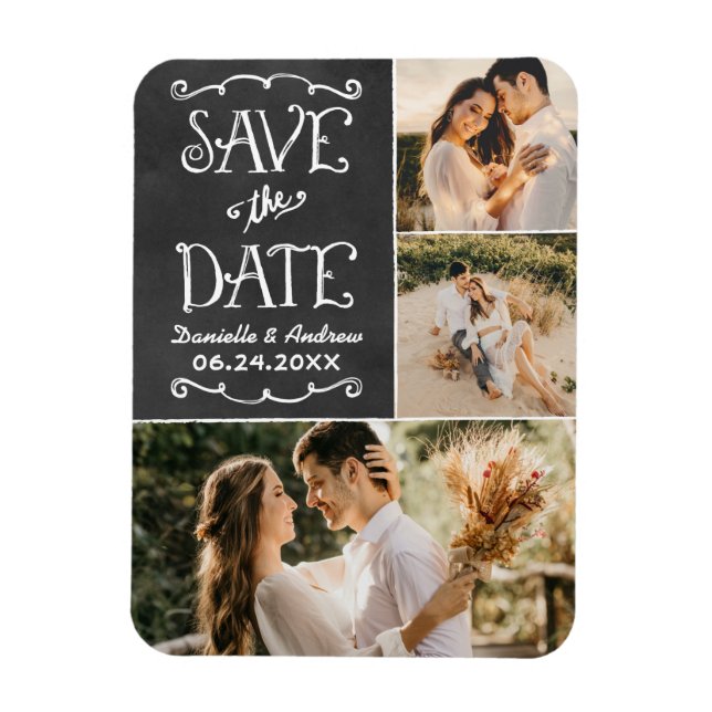 Rustikales Script Chalkboard Save the Date Foto Bl Magnet (Vertikal)