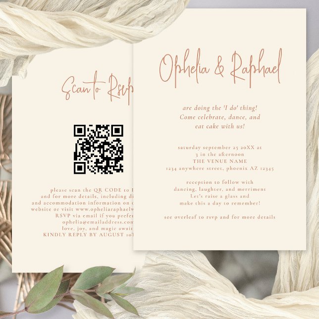Rustikales Script QR Code Boho Cream Wedding Einladung (Front and back view. Available digitally or printed.)
