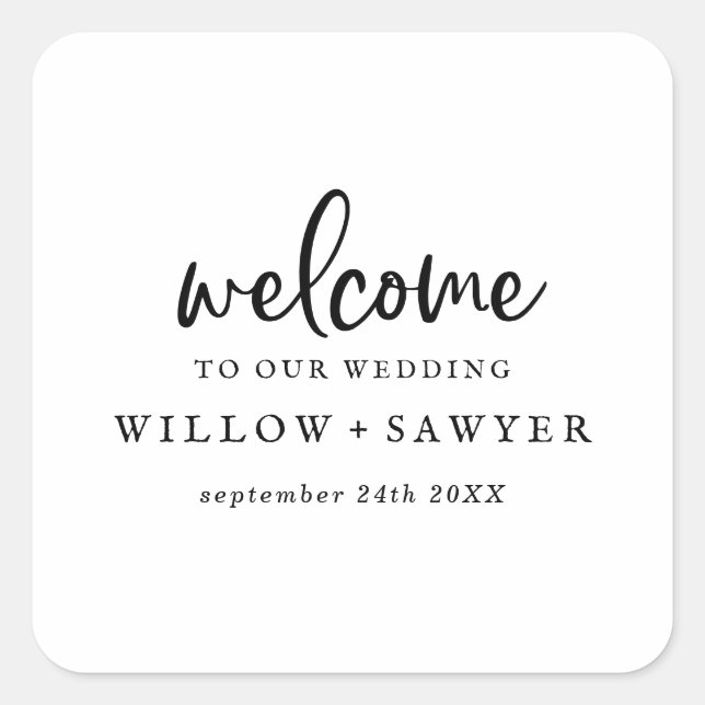 Rustikales Script-Wedding Welcome Square Sticker (Vorderseite)