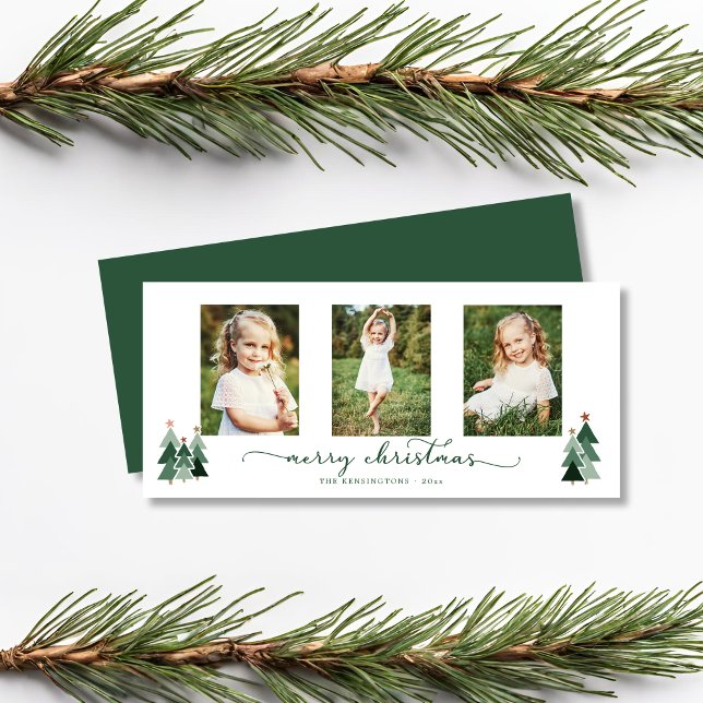 Rustikales Script Weihnachtsbaumen Feiertag 3 Foto (Rustic Script Christmas Trees Holiday 3 Photo Card)