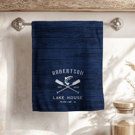 Rustikales Seehaus Name Navy Blue Wood Geschirrtuch