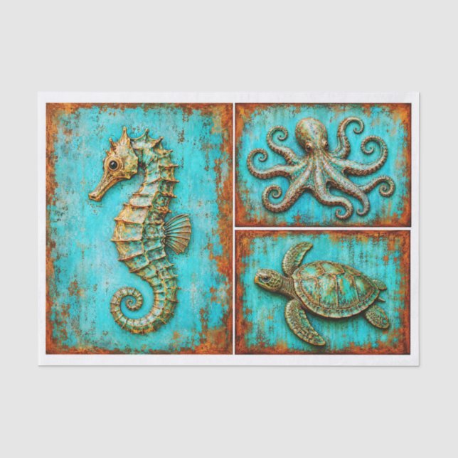 Rustikales Seepferdchen-Oktopus-Schildkröten-Set R Seidenpapier (Vorderseite)