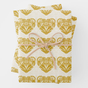Rustikales Senfgold-Dekor-Herzmuster Geschenkpapier Set