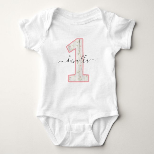 Rustikales Shabby Chic Rosa Blumenholz 1 Geburtsta Baby Strampler (Vorderseite)