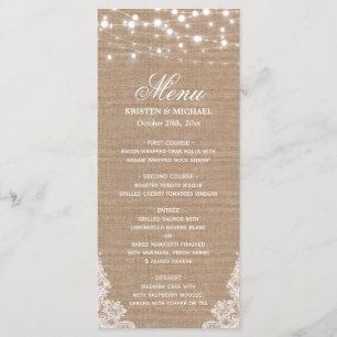 Rustikales Shabby Wedding Menu String Lights Lig Menükarte