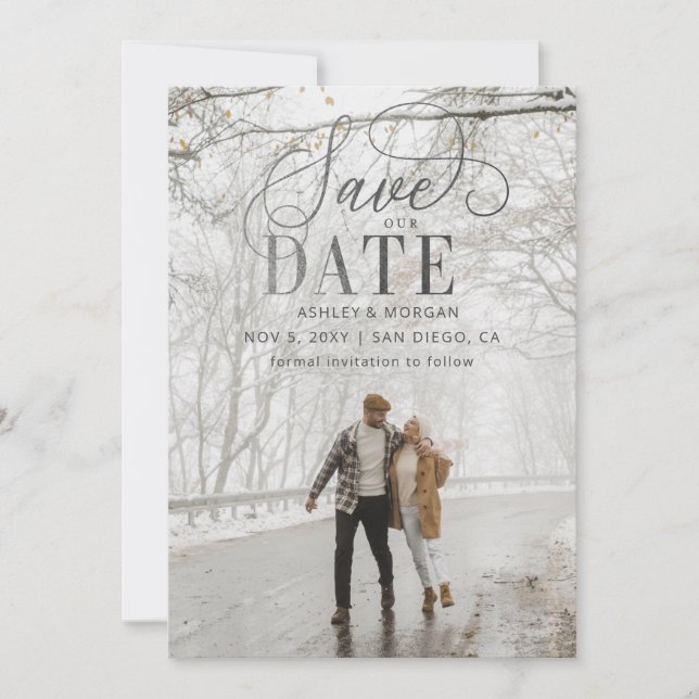 Rustikales Silver Script Modernes Foto Save the Da Save The Date (Vorderseite)