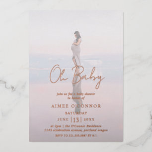 Rustikales Skript-Foto Oh Baby Dusche Rose Gold Folieneinladung