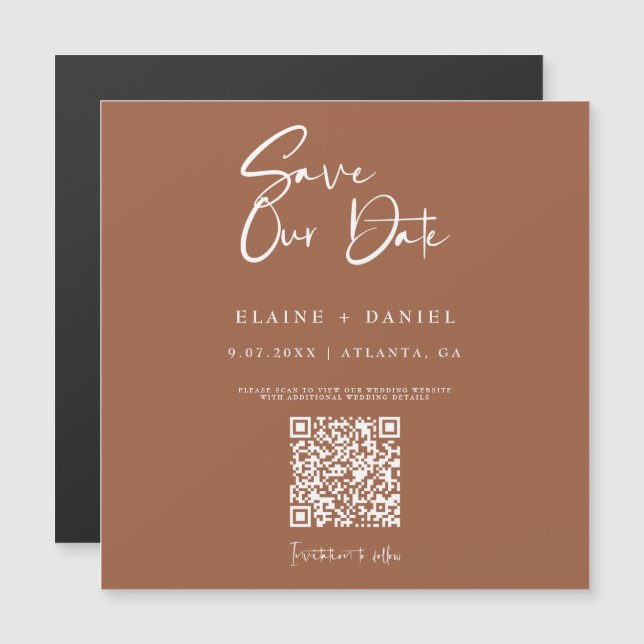 Rustikales Skript-QR-Code Save The Date Magnet (Vorne/Hinten)