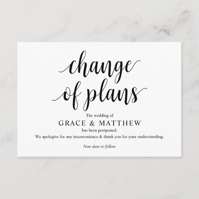 Rustikales Skript, Schwarz, Hochzeitverschiebung,  Begleitkarte (Vorderseite)
