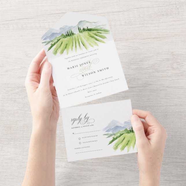 Rustikales Skript Weinkeller Weinberg Hochzeit All In One Einladung (Abreißen)