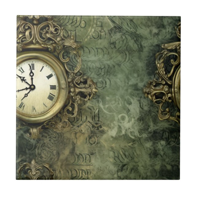 Rustikales Smaragdgrün Antik Steampunk Fliese (Vorderseite)