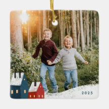 Rustikales Snowy Village Scene Foto Keramik Orname