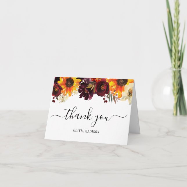 Rustikales Sonnenblumen Burgund Peony Brautparty Dankeskarte (Vorderseite)