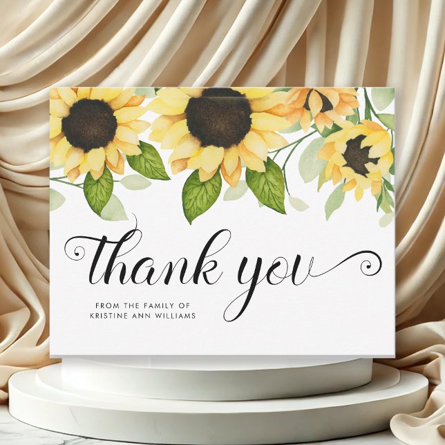 Rustikales Sonnenblumenwasser-Beileid Dankeskarte (Elegant Yellow Sunflower Watercolor Floral  Custom Name Sympathy Thank You Card)